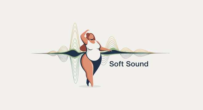 Plus-size woman dancing with soundwave graphic, modern illustration.