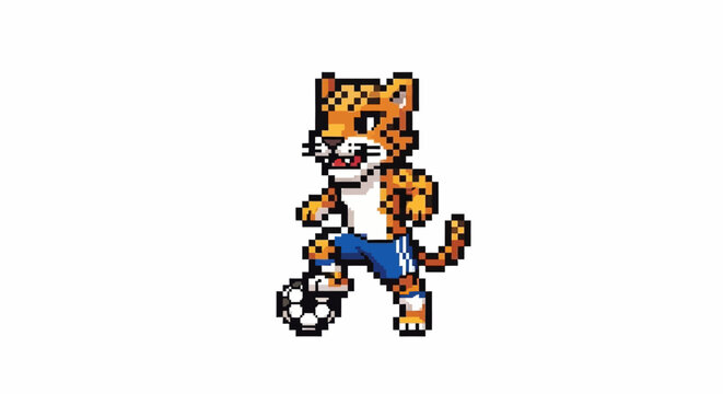 Pixelated Jaguar Mascot Kicking Soccer Ball in Digital Illustration.