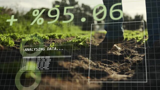 Senior man walking dirt path, footstep initiating HUD data scan and updating percentage readings