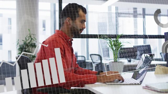 Data analyst typing on laptop in office causing animated pie, bar and binary charts analysing data