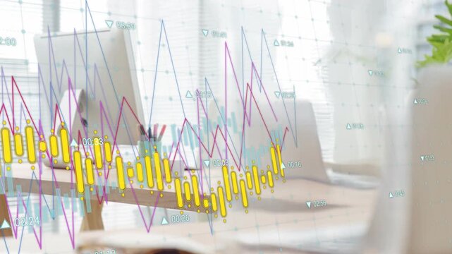 Animated financial charts appearing at start, drifting across desk to show market trends