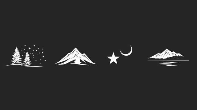 A serene black background with several white graphic illustrations depicting nature scenes