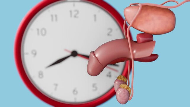 A 3d animation of ticking clock, and a gradual physical process are synced, culminating in a fully aroused penis model as time passes. Reinforcing the elapsed duration for this biological process.