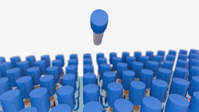 A 3d animation of floating "E. coli" test tube spins on its Z-axis in the foreground, while a detailed, linear array of identical tubes in a straight line procession in the background.