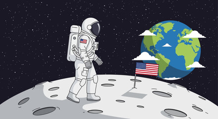 Astronaut walking on the moon with planet Earth in the background vector illustration © ikun