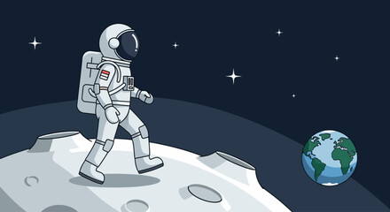 Astronaut walking on the moon with planet earth in the background vector illustration © ikun