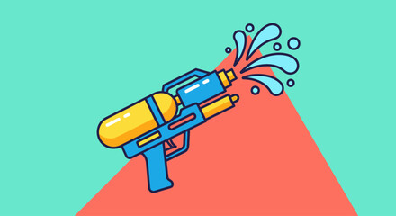 Flat vector illustration of a blue and yellow water gun shooting water © ikun