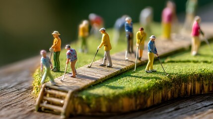 Obraz premium Miniature Golfers on a Wooden Bridge - A Whimsical Scene of Leisure and Play.