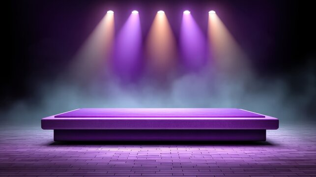 Futuristic stage platform with dramatic lighting and smoke effects in a vibrant purple color scheme for creative performances and events