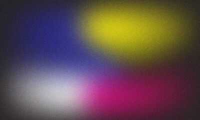 Obraz premium Colorful grainy gradient background, glowing blue yellow pink white abstract shapes on black backdrop, vibrant noise texture for poster, web banner, brochure cover design