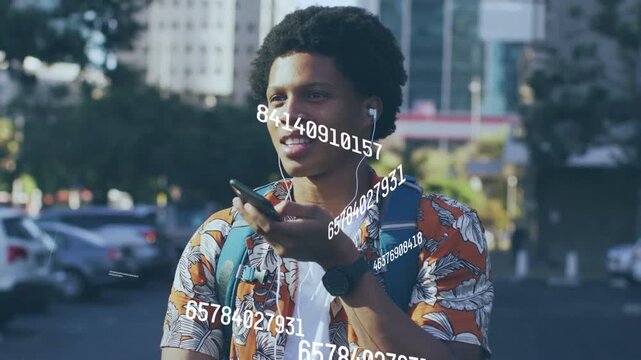 Man raising phone and speaking in city lot, reviewing AR numeric data scrolling across torso
