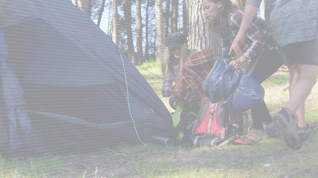 Camp crew arriving campsite unpacking red pack and blue bedrolls by tent, overlays guiding setup