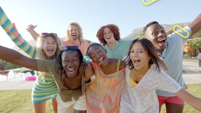 Camera moving closer, group leaning while AR numbers appearing, fading, raising arms pool marketing