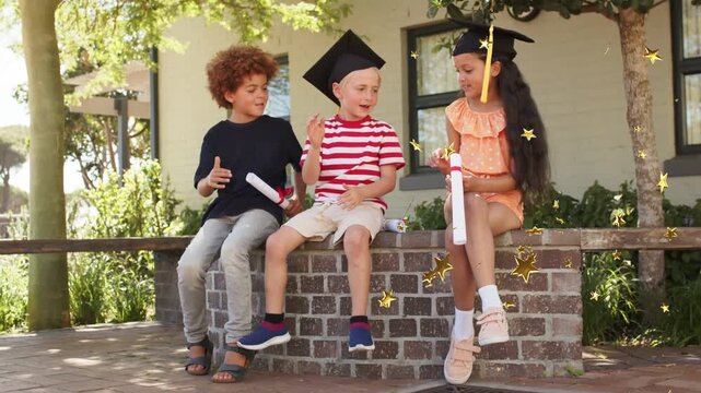 Center student starting clap kids clapping, tapping diplomas, golden stars drifting around for grad