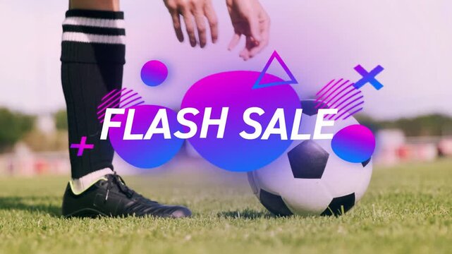 Woman soccer player placing ball and initiating kick on grass, promoting FLASH SALE overlay growing