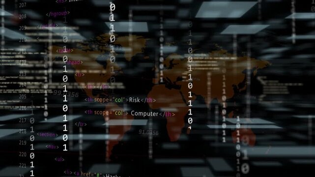World map appearing, code scrolling and binary streams falling, showing global cyber threat flow
