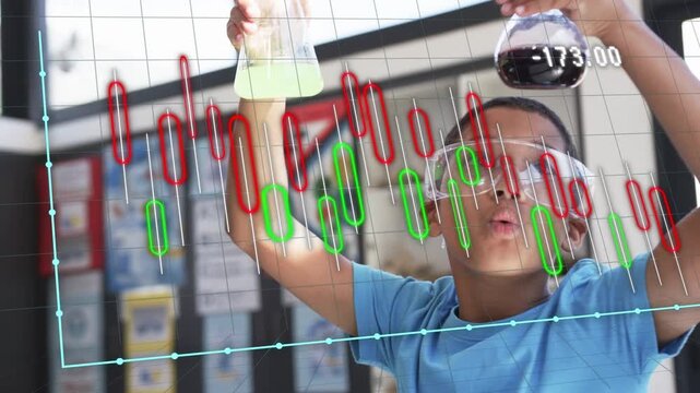 Child holding flasks and raising them while comparing liquids in science lab, data overlay updating