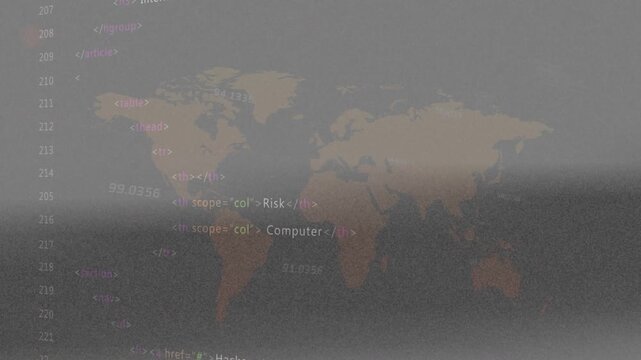 World map shifting opacity while smoky haze sweeping from lower-right, revealing cyber risk labels
