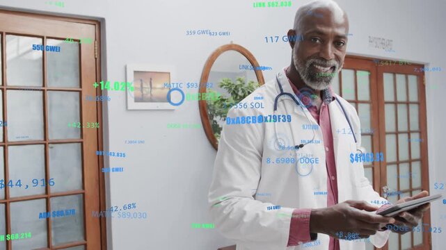 Doctor tapping tablet, checking crypto while token overlays floating, lifting head smiling