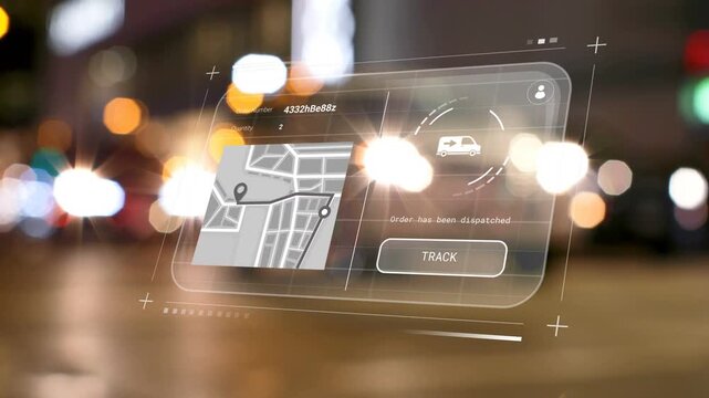 Cursor hovering TRACK button starting HUD over bokeh, map and van animating, tracking order