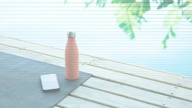 Pink bottle and phone staying still while breeze moving leaves and camera centering frame balance