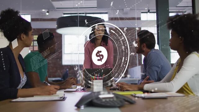 Presenter starting meeting and speaking, dollar HUD appearing on glass, rotating, showing finance