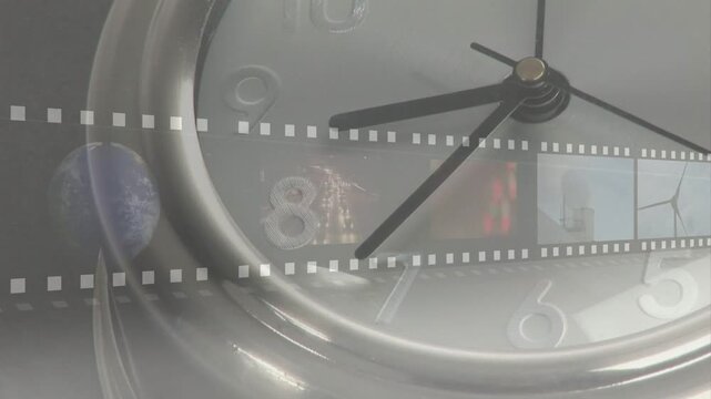 On play, clock-filmstrip scrolling thumbnails across face, showing energy and aviation timeline