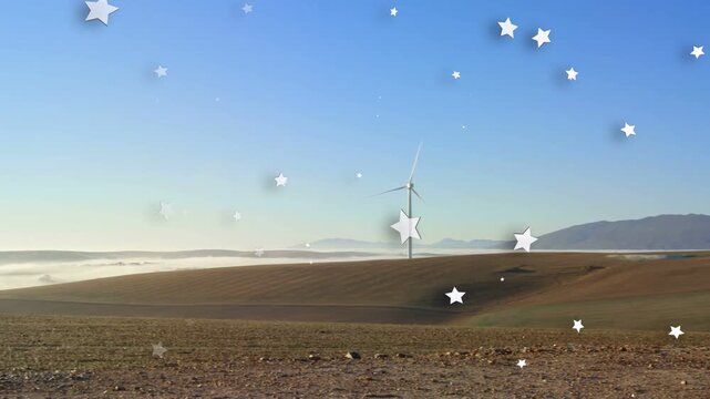 Wind gusting, turbines spinning, stars drifting, birds crossing fog, visualizing wind farm motion