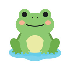 Obraz premium Friendly green frog sits on a puddle of water in a cartoon style illustration