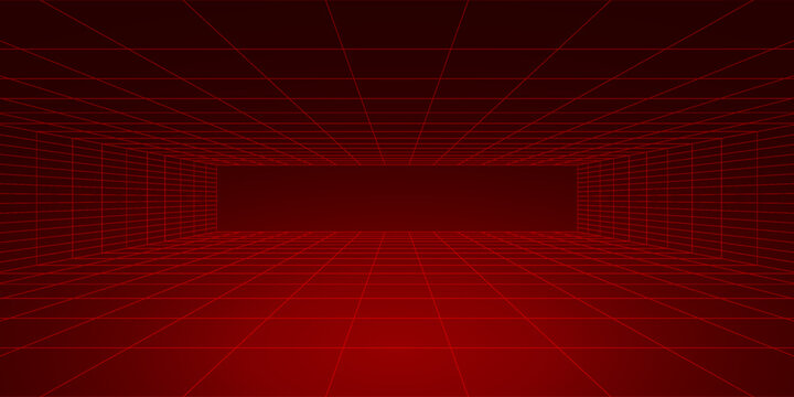 Red Glowing Cyber Wireframe Grid Background With Laser Lines. Retro Futuristic Perspective Game Backdrop For Posters, Banners, Wallpapers. Vector Illustration.