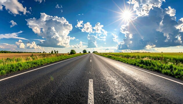 青空と入道雲が広がるまっすぐな道路風景