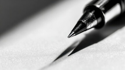 Fototapeta premium Detailed macro shot of a pen tip casting a sharp shadow on textured white paper symbolizing precision and writing creativity in monochrome tones