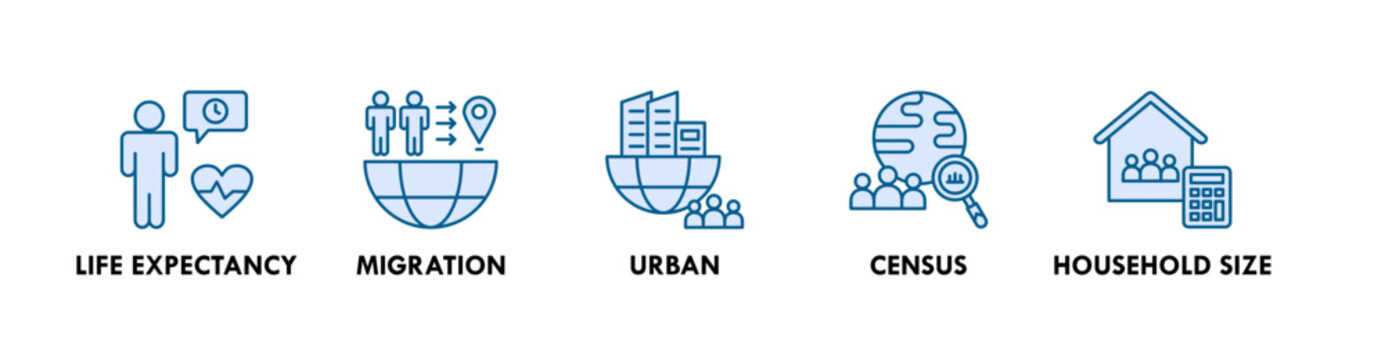 Demography web icon illustration concept with icon of life expectancy, migration, urban, census, and household size