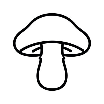 Simple mushroom with rounded cap and stipe in black outline isolated on white