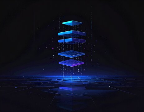 Dynamic stack of illuminated digital layers hovering above a reflective abstract grid, illustrating concepts of data organization, technology, and connectivity