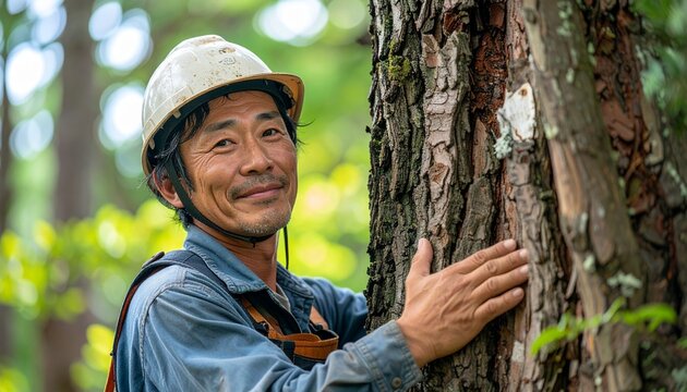 大木に寄り添う樹木医の穏やかな微笑み