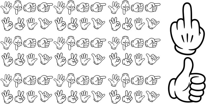 Cartoon Gloved Hand Gestures Set Featuring Various Communication Symbols and Retro Animation Icons