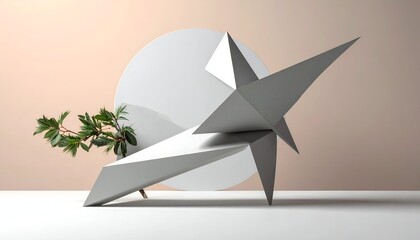 Geometric sculpture, silver tones, origami-inspired, circular backdrop, green foliage