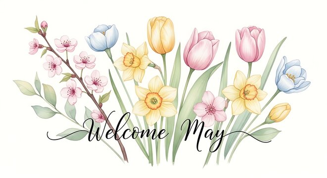 watercolor may flowers bouquet with welcome greeting spring illustration