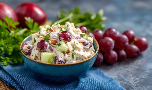 healthy chicken salad mixed with greek yogurt, celery, red inion, diced apple and grapes, and almonds with parsley and cilantro 
