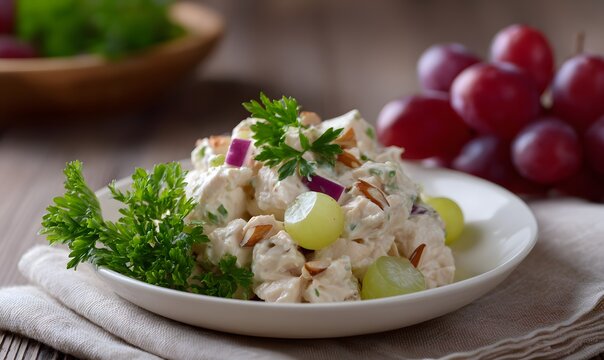 healthy chicken salad mixed with greek yogurt, celery, red inion, diced apple and grapes, and almonds with parsley and cilantro 