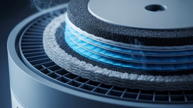 Closeup view of air purifier filter layers with blue and black components