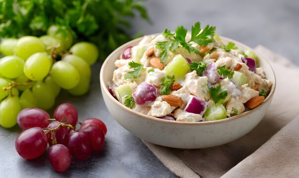 healthy chicken salad mixed with greek yogurt, celery, red inion, diced apple and grapes, and almonds with parsley and cilantro 
