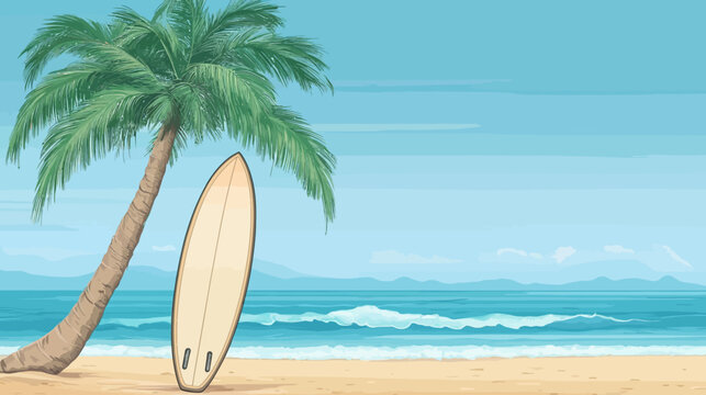 Digital beach scene featuring a palm tree, surfboard on sandy shore, and ocean backdrop