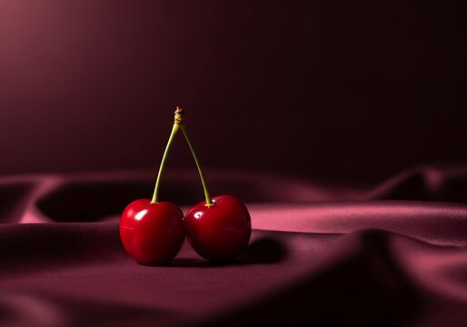 Two ripe red cherries resting on dark burgundy silk fabric background