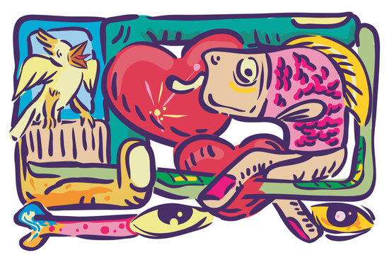 vector illustration about fish  bird  love  toot brush  and fingers with graffiti style.