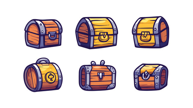 Several cartoon chests in different designs, showcasing wood textures, metal bands, and simple lock details