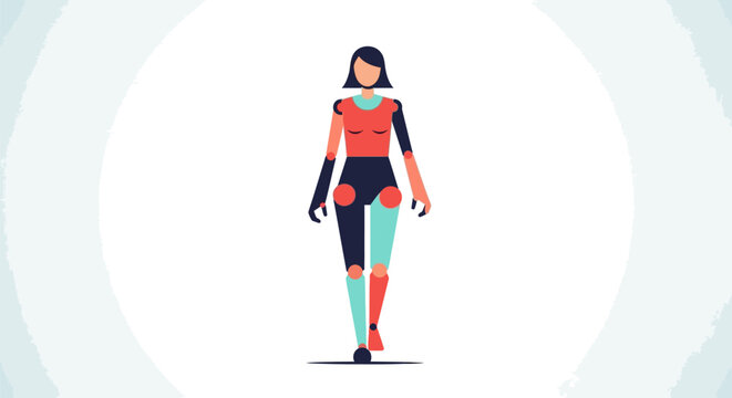 Futuristic humanoid female robot walking forward.