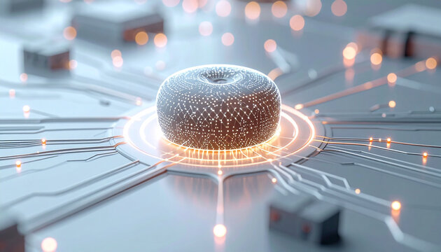 Cybernetic Core: Futuristic image showcases the essence of advanced technology, featuring a central core amidst a circuit board, symbolizing innovation and the digital world.