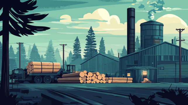 Pixel art scene of a lumber mill. Pine trees, buildings, truck hauling logs, smokestack, and sky